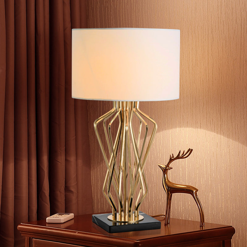 Gold Finish Hourglass Metal Table Lamp – Drum Fabric Shade | E26/E27 Base | Budget Lighting
