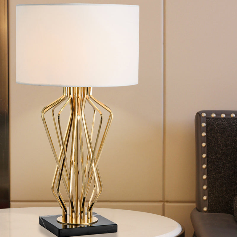 Gold Finish Hourglass Metal Table Lamp – Drum Fabric Shade | E26/E27 Base | Budget Lighting