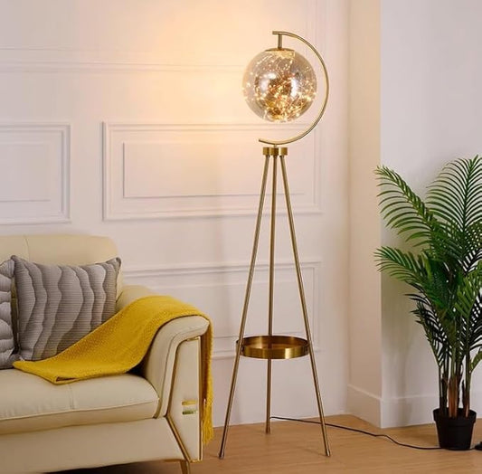 Wnota Tripod Floor Lamp with Glass Lampshade – Modern LED Standing Lamp with Shelf | Gold & Black | Budget Lighting
