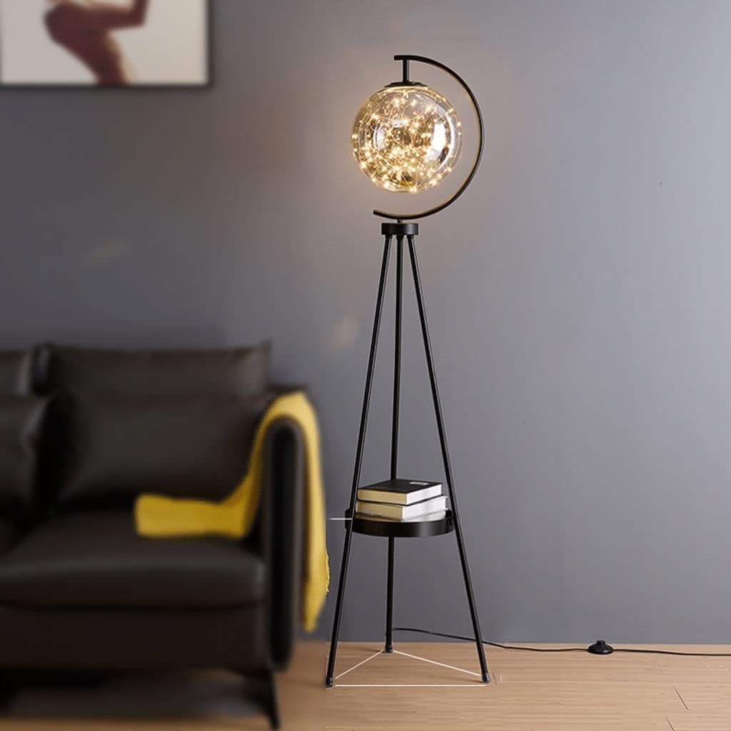 Wnota Tripod Floor Lamp with Glass Lampshade – Modern LED Standing Lamp with Shelf | Gold & Black | Budget Lighting