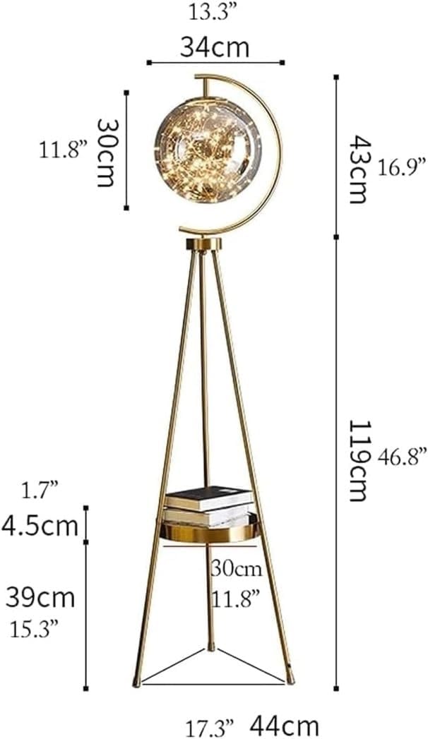 Wnota Tripod Floor Lamp with Glass Lampshade – Modern LED Standing Lamp with Shelf | Gold & Black | Budget Lighting
