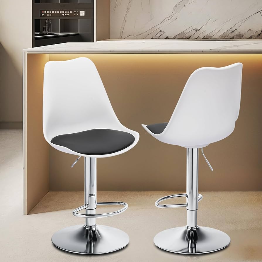MoNiBloom Modern White Bar Stools – Adjustable, Swivel High-Back Design with Black PU Cushion (Set of 2) | Budget Lighting