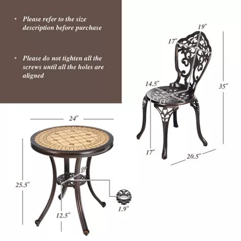 Costway 3PCS Cast Aluminum Patio Bistro Set – Weatherproof Round Table & Chairs | Outdoor Garden Furniture | Budget Lighting