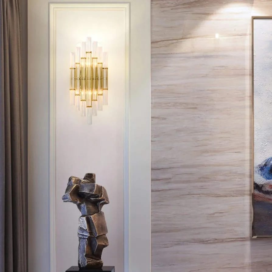 Lighting Crystal Wall Light – Gold Art Deco Wall Sconce with Clear Crystal Rods | E12 Base | Budget Lighting