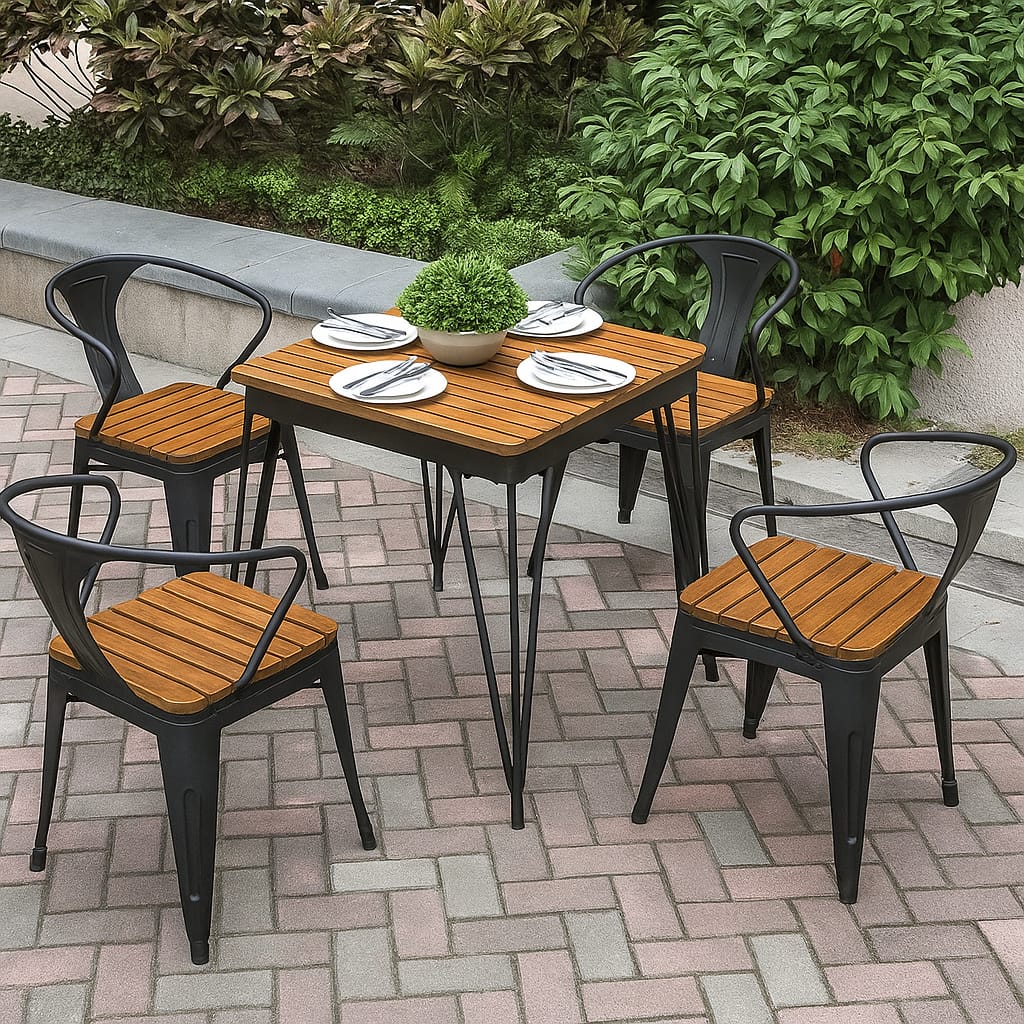 Tolix Outdoor Café Set – 4 Seater with Hairpin Leg Table & Powder Coated Chairs | Budget Lighting